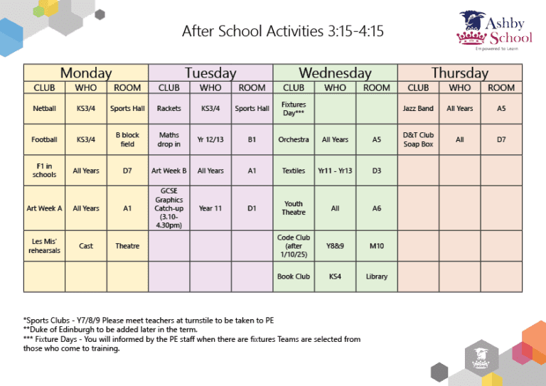 Timetable of Clubs and Activities - Ashby School